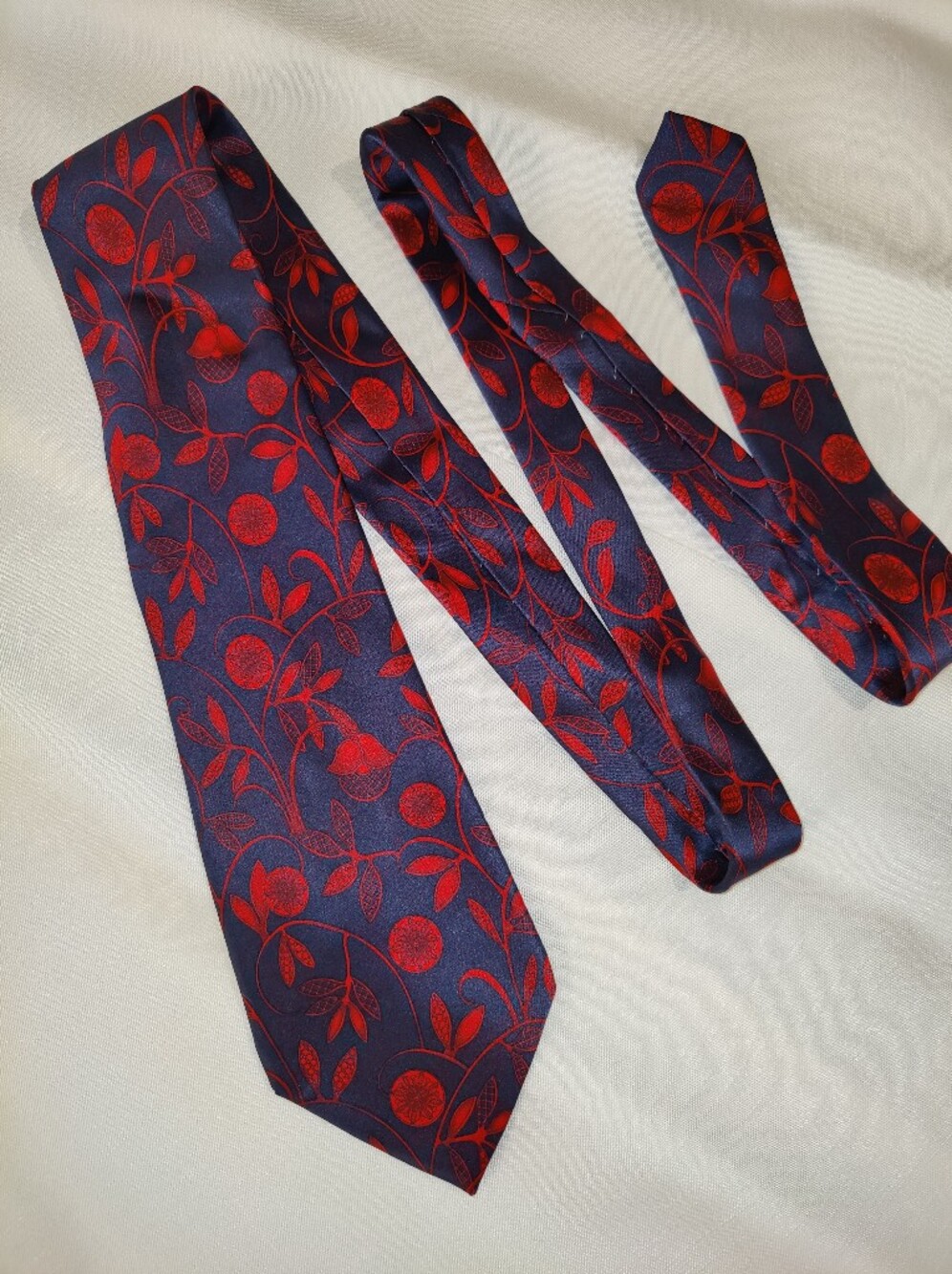 LANVIN Silk Satin Tie with Red Floral Over Blue Background, Made In France